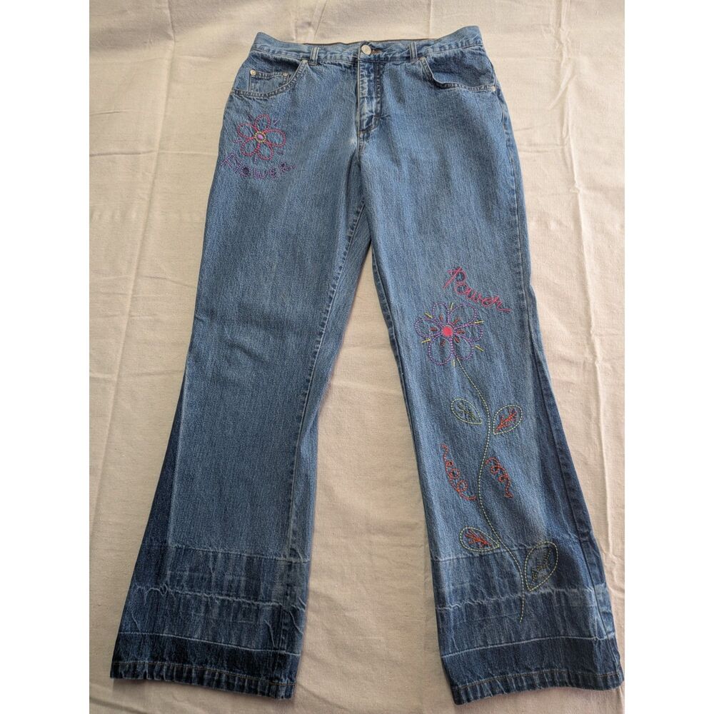No Boundaries Juniors 11 Y2K Flower Power Embroidered Wide Leg Jeans 100% Cotton